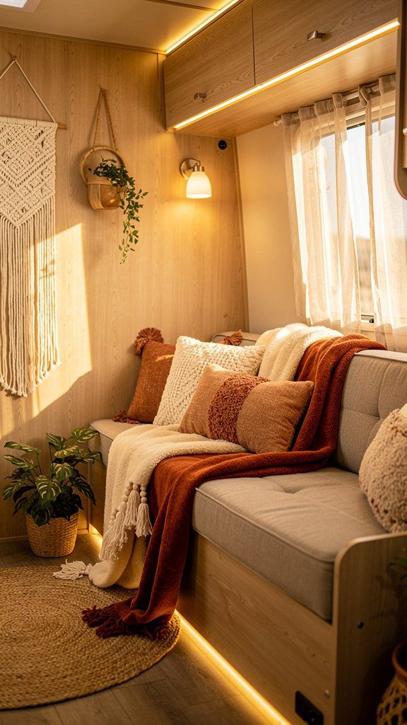 Cozy RV interior with layered textiles