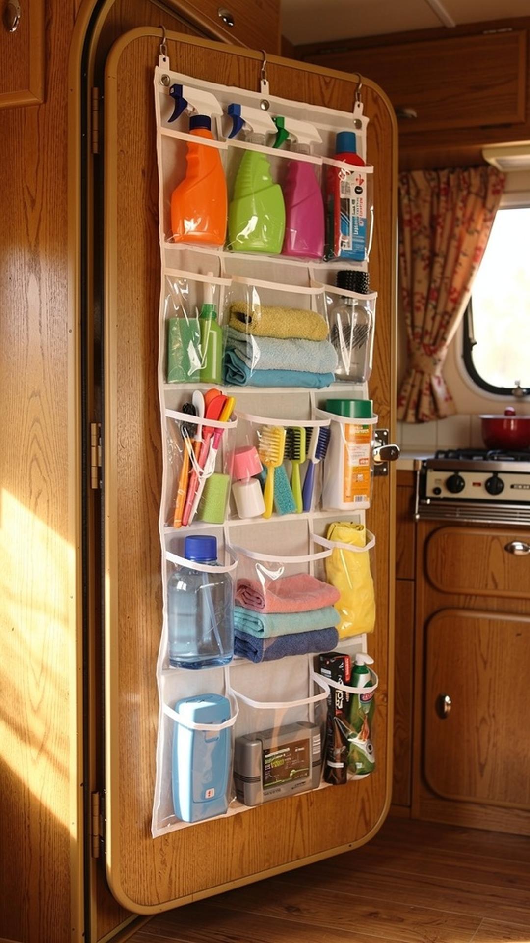 Over-the-door organizer in vintage camper