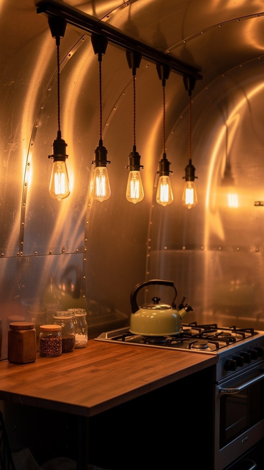 Vintage camper kitchen with Edison bulb pendant lights