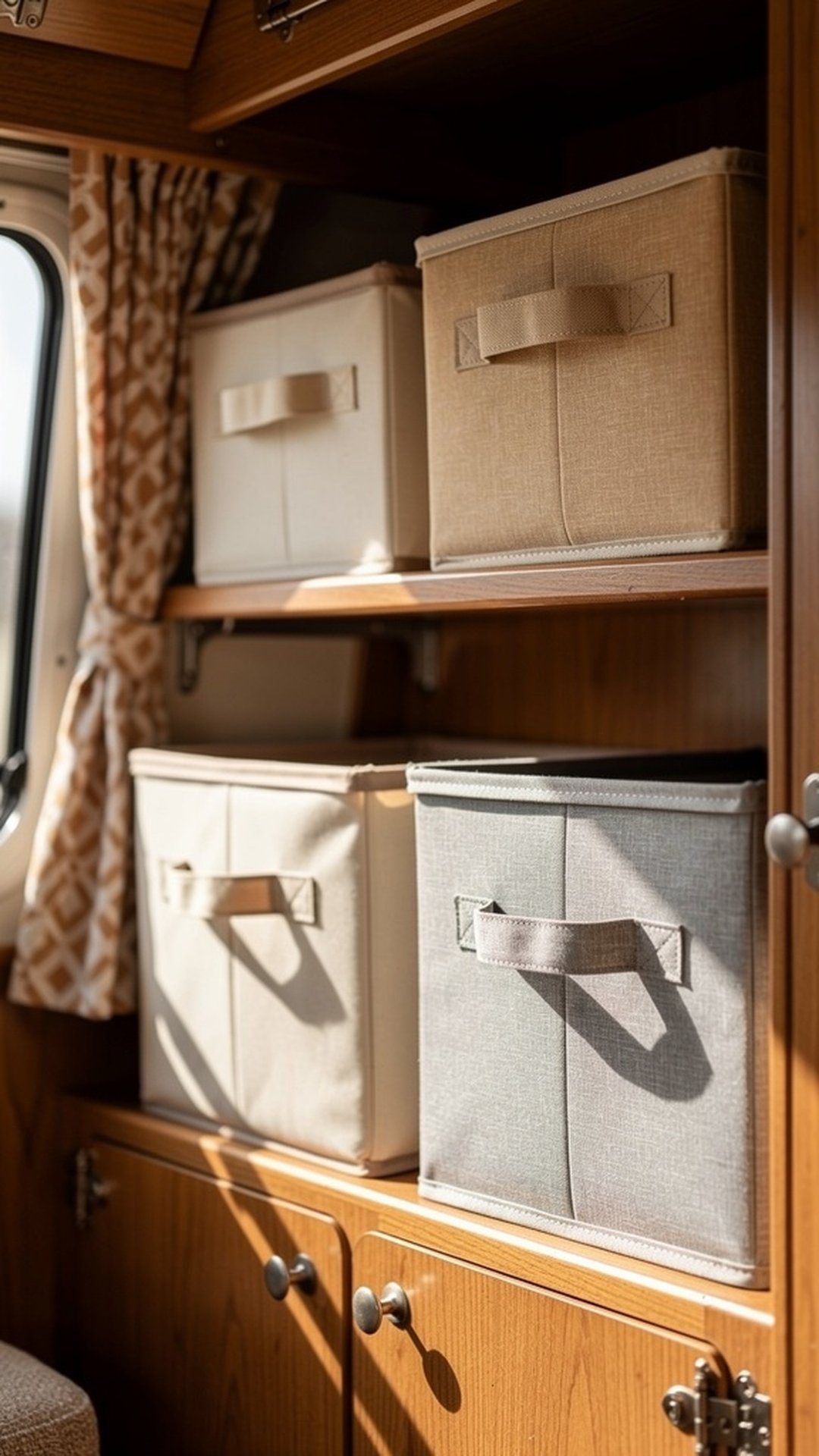 Collapsible fabric storage bins on vintage camper shelves