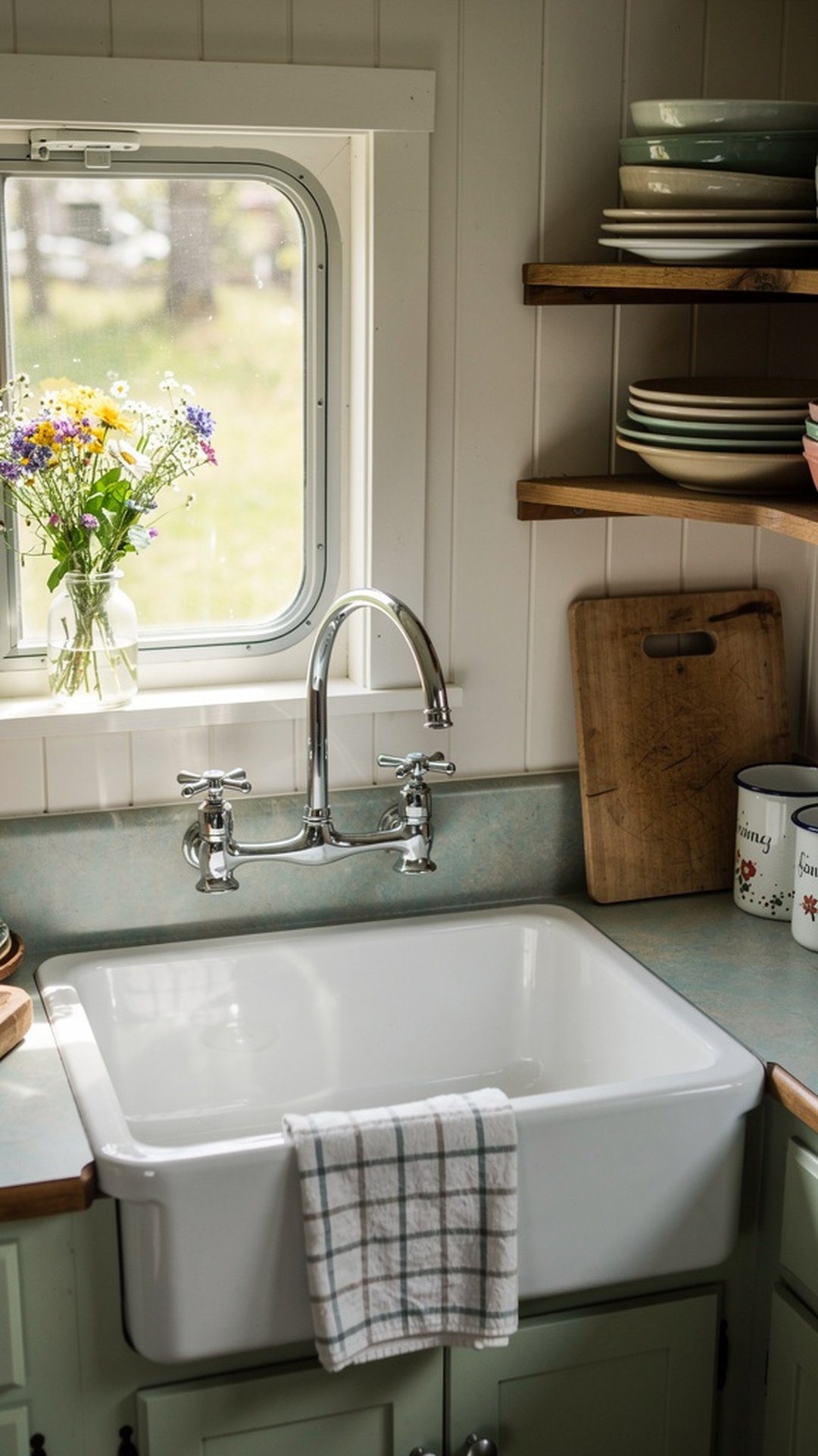 Vintage camper kitchen with white farmhouse sink