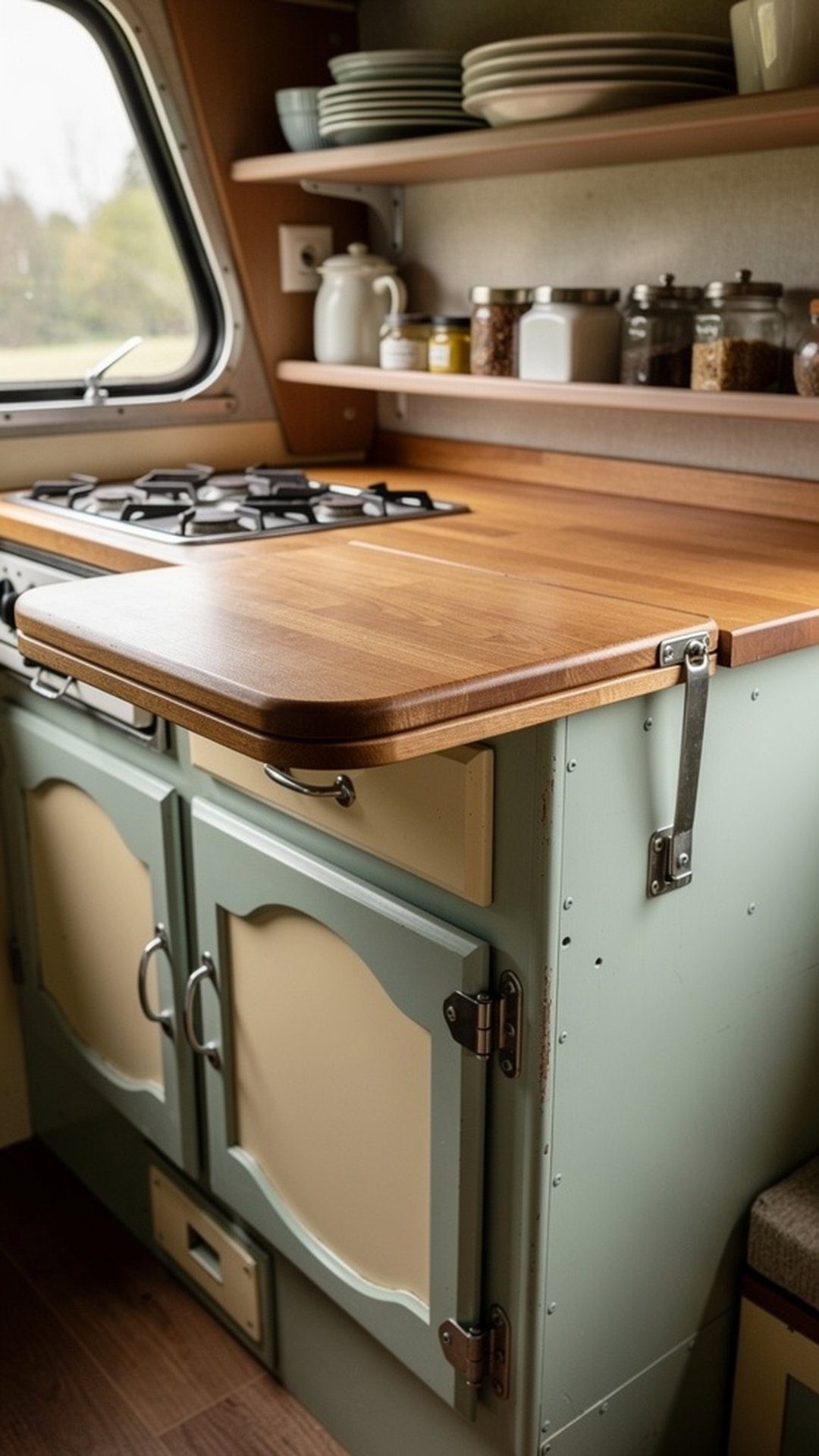 Vintage camper kitchen with custom fold-down cutting board