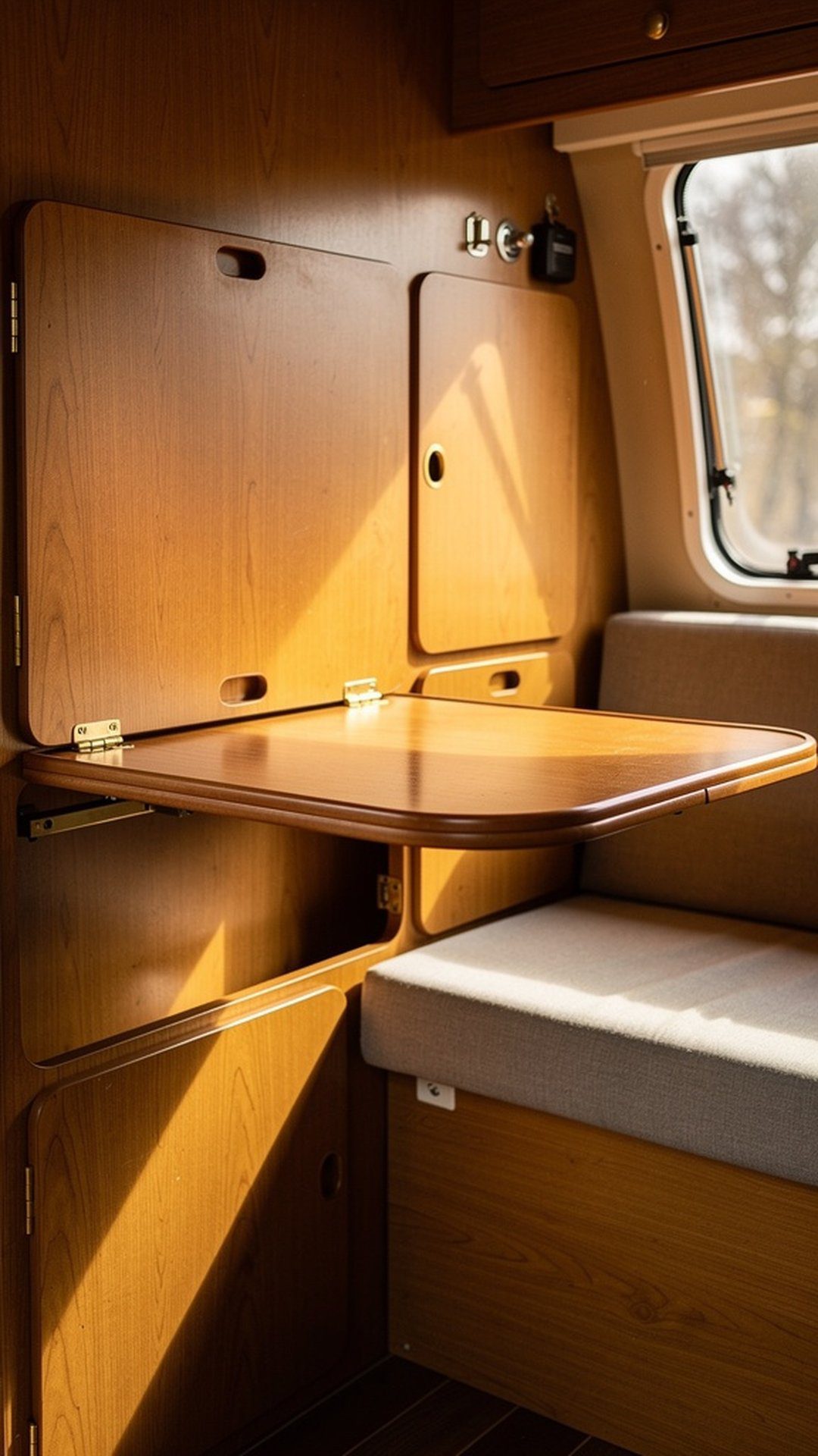 Fold-down wall-mounted table in vintage camper