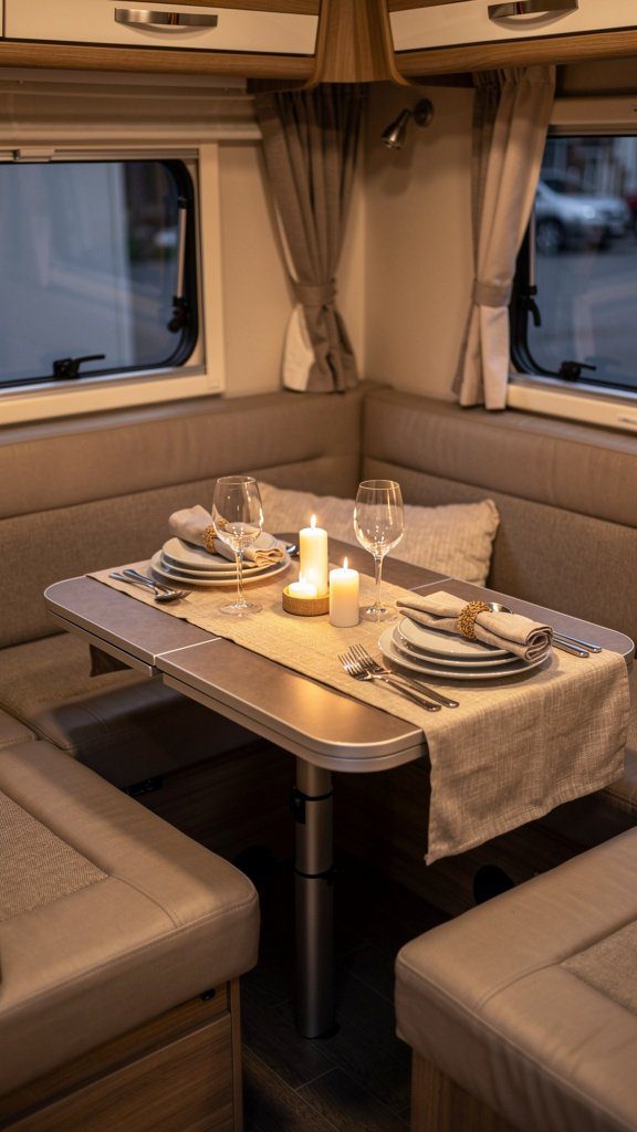 Fold-down table in RV with decor