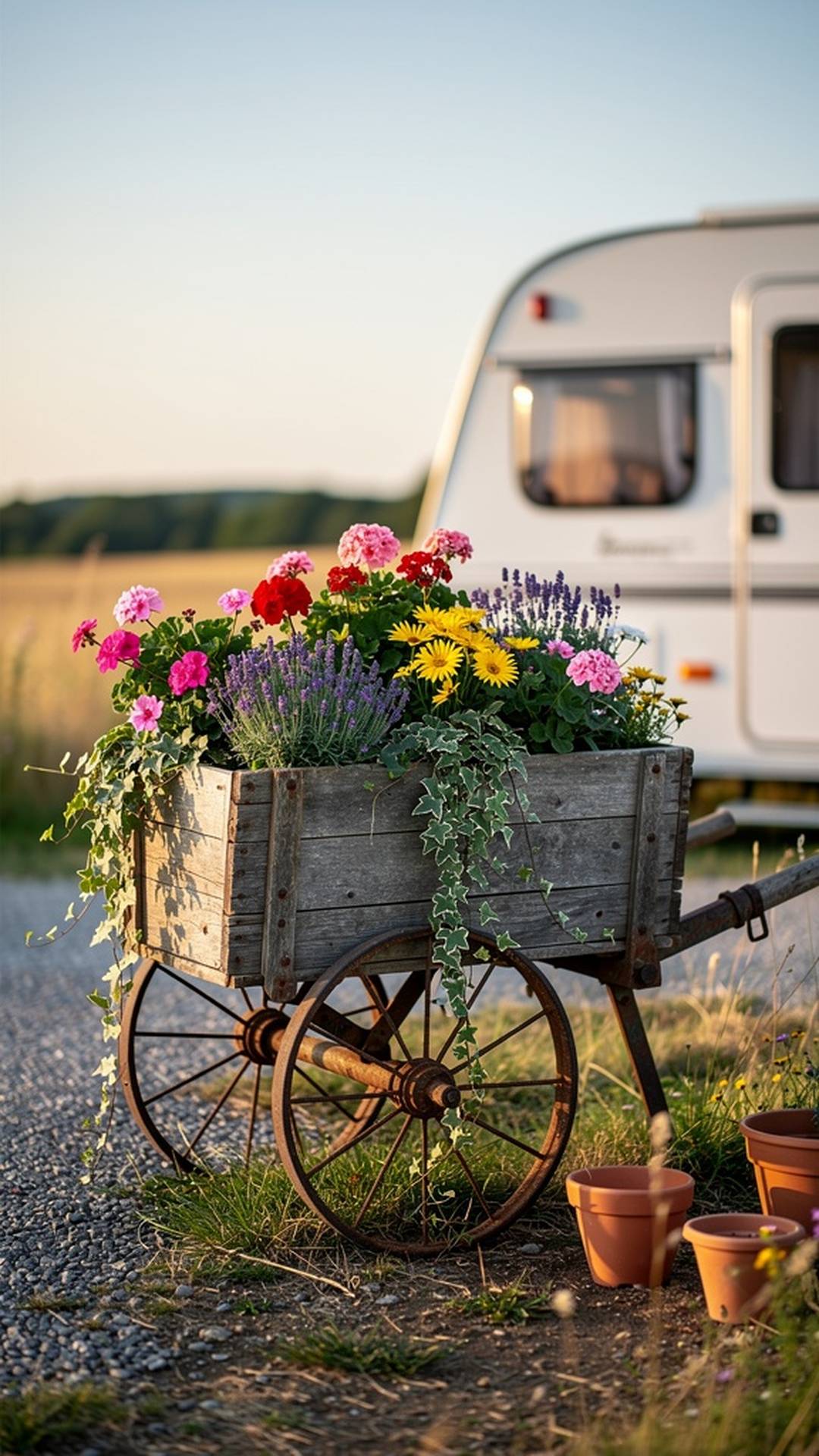Weathered French garden cart filled with flowers