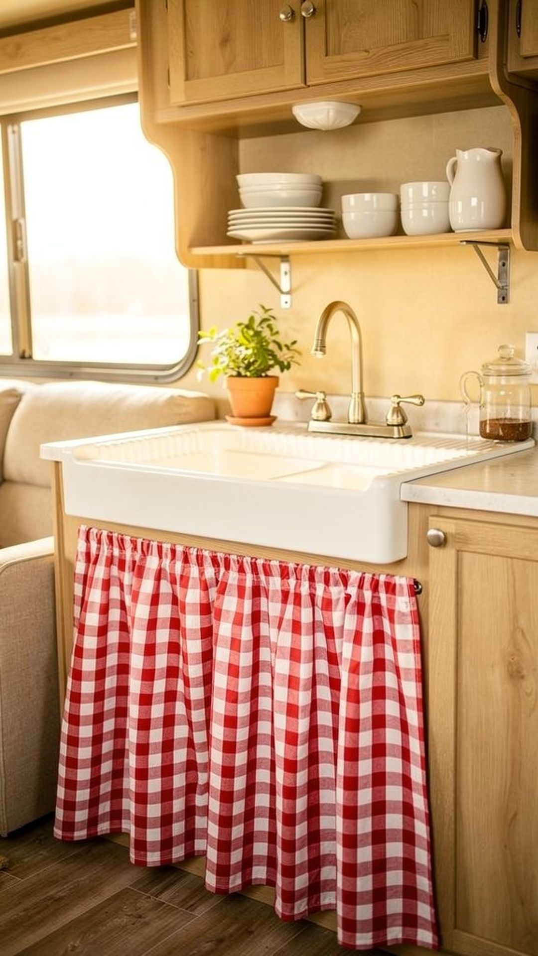 Red and white gingham sink skirt in camper kitchen