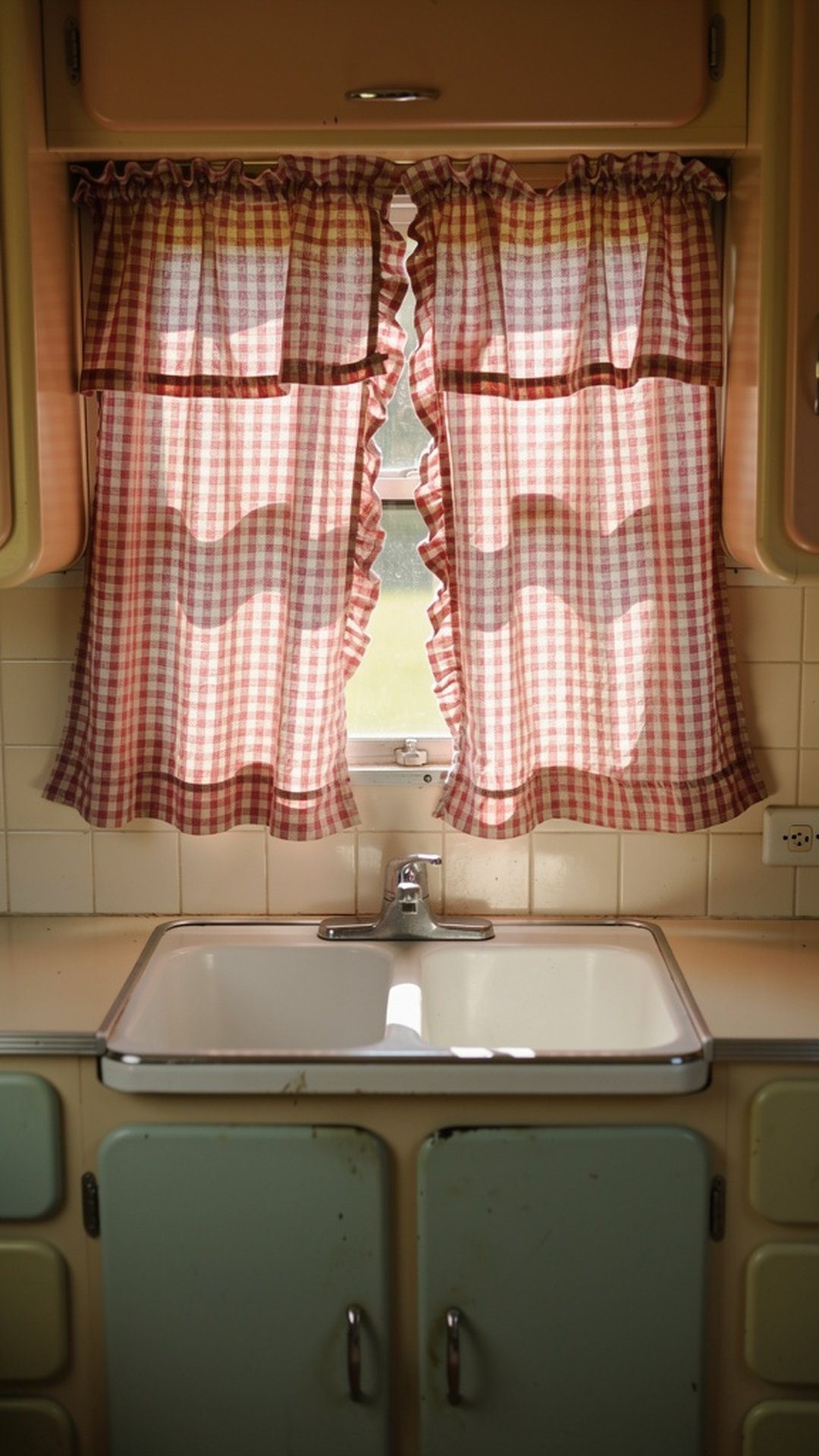 Vintage camper kitchen with red and white gingham curtains