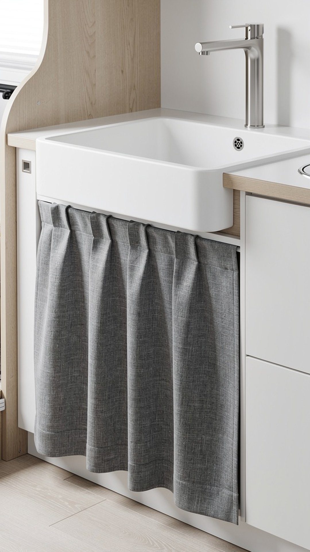 Gray linen sink skirt in modern camper kitchen