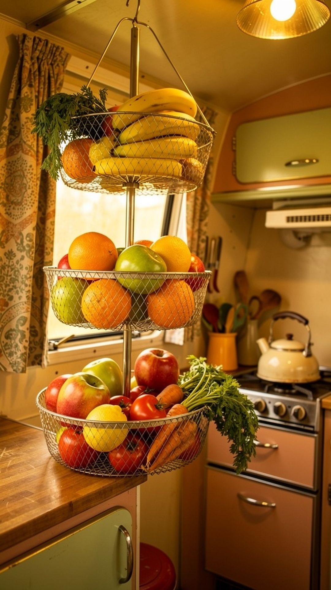 Hanging mesh baskets in vintage camper kitchen