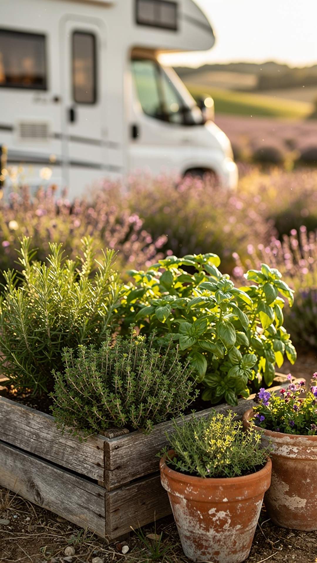 French country herb garden with rosemary, thyme, and basil