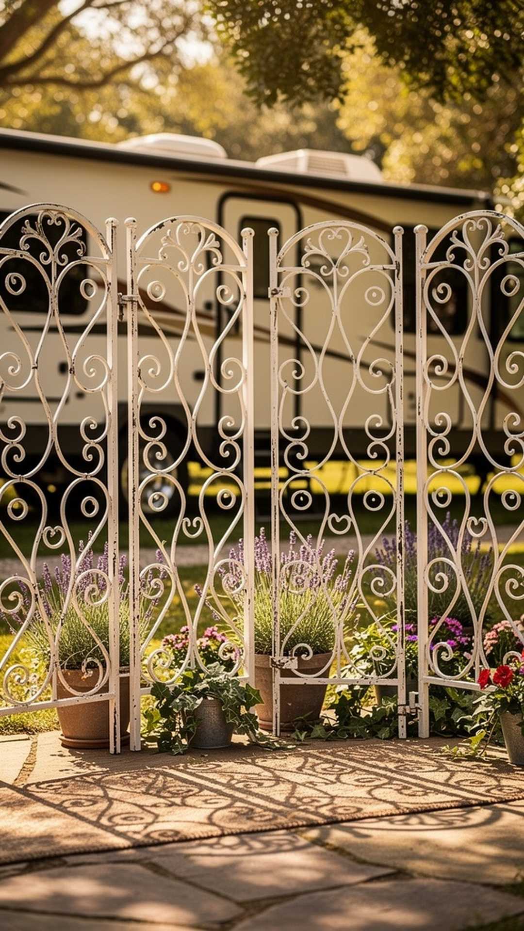 White wrought iron fence panels with elegant scrollwork