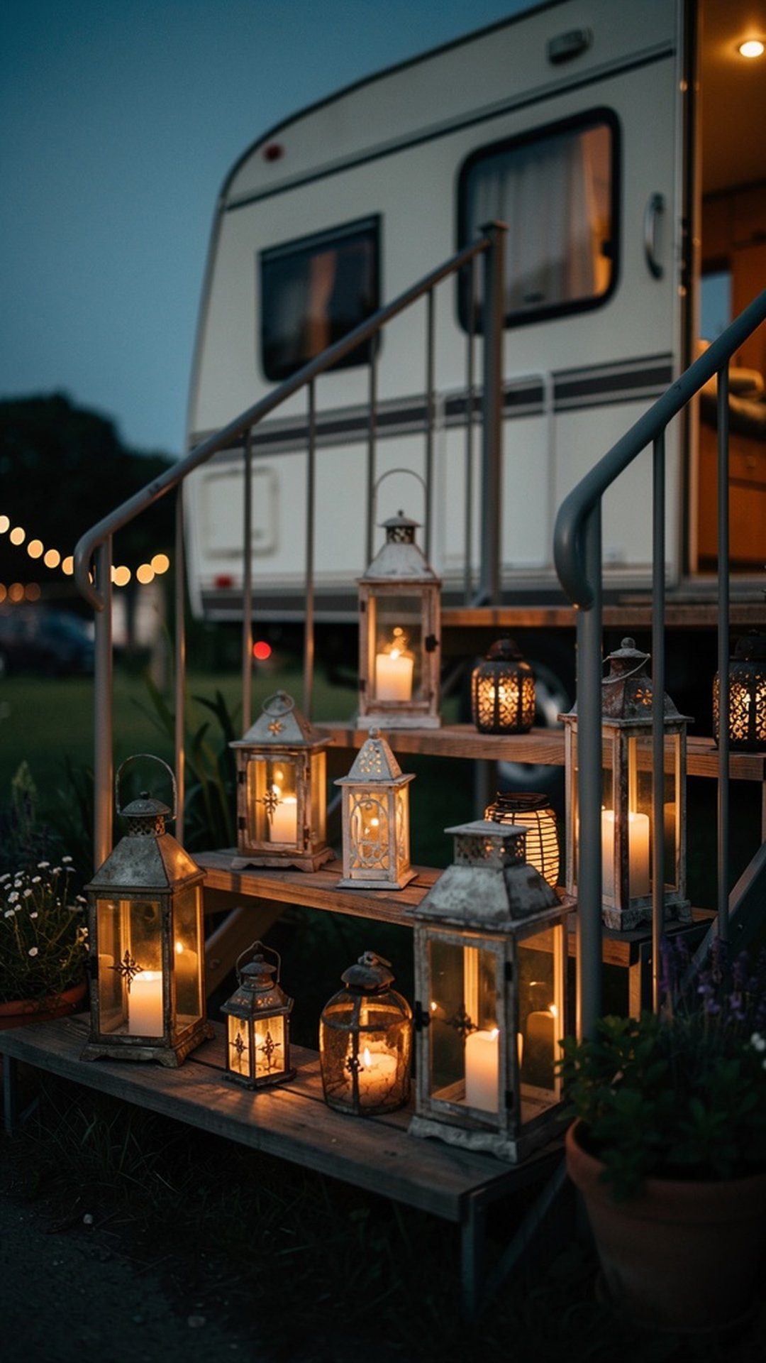 Antique metal lanterns on RV patio steps with evening glow