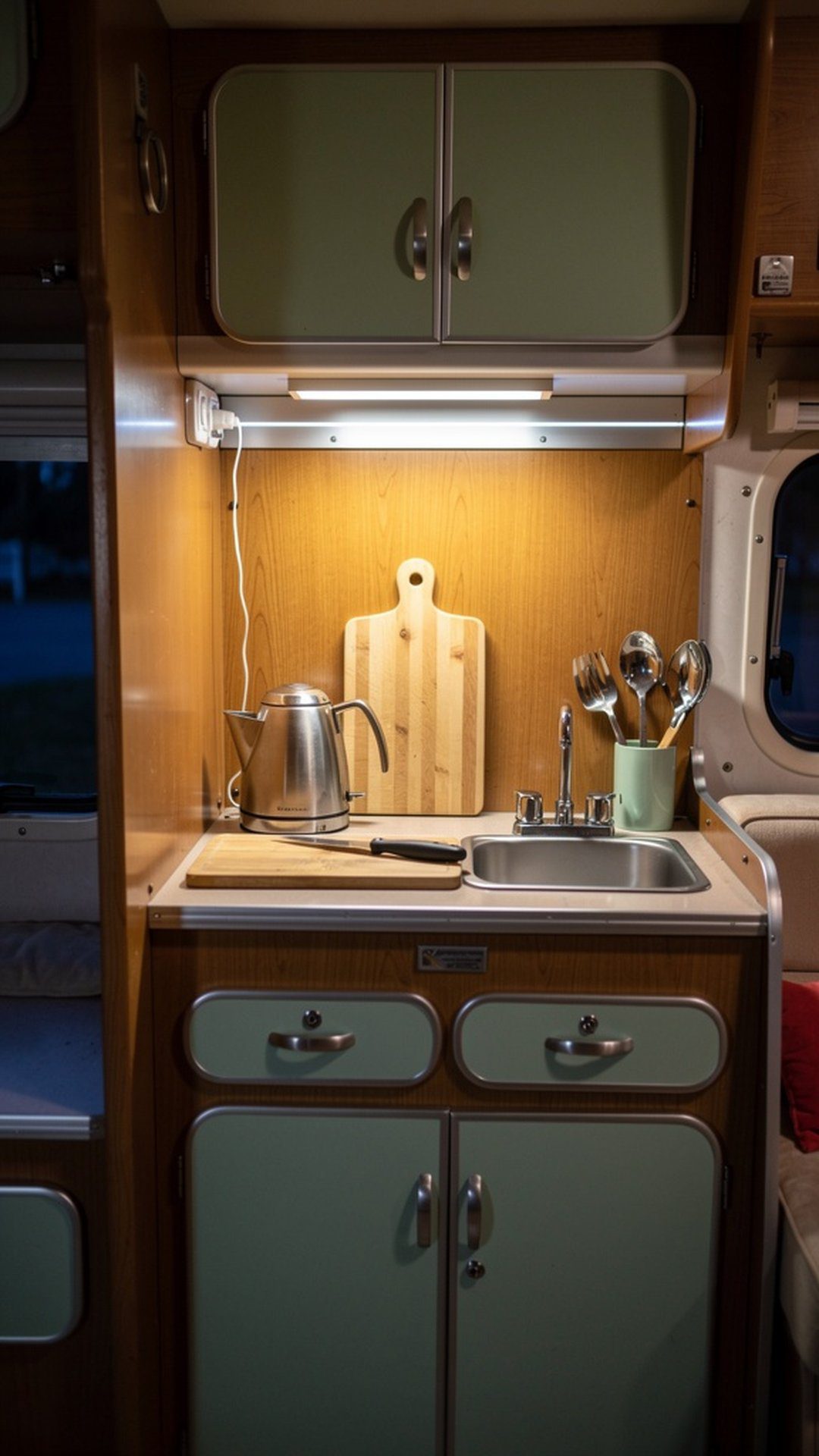 Vintage camper kitchen with bright LED strip lights under cabinets