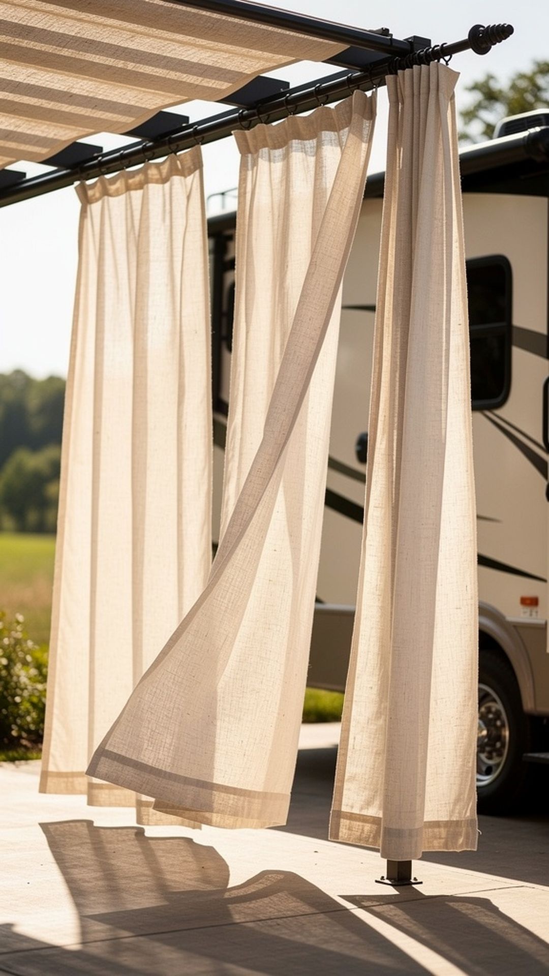 Cream-colored linen curtains on outdoor RV pergola