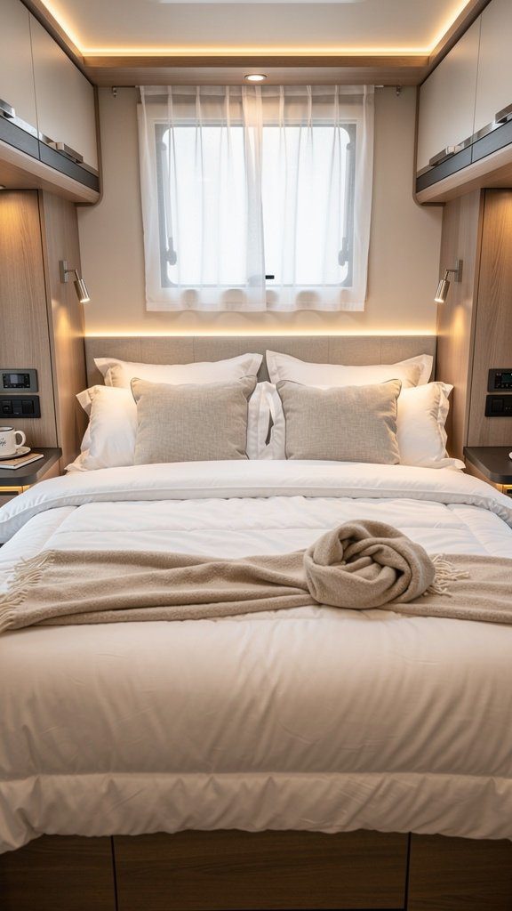 RV bedroom with luxury bedding