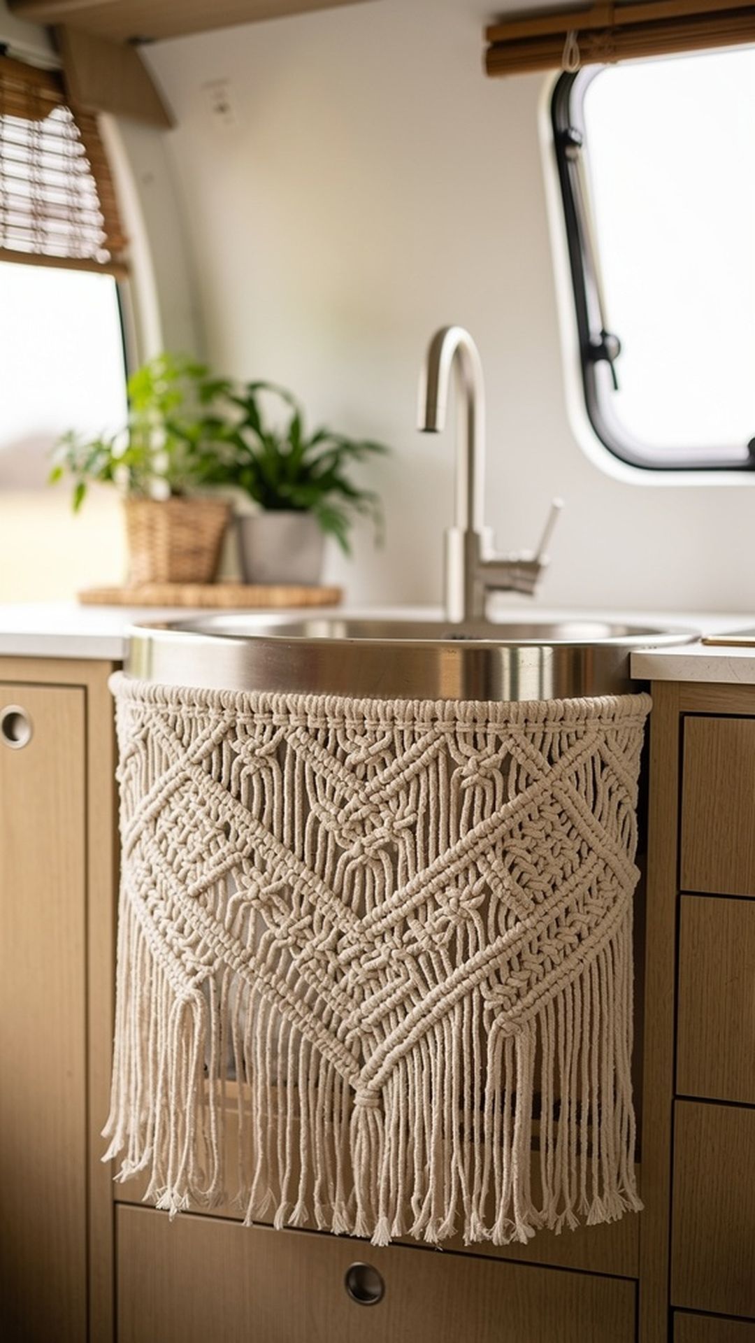 Macrame sink skirt in modern camper kitchen