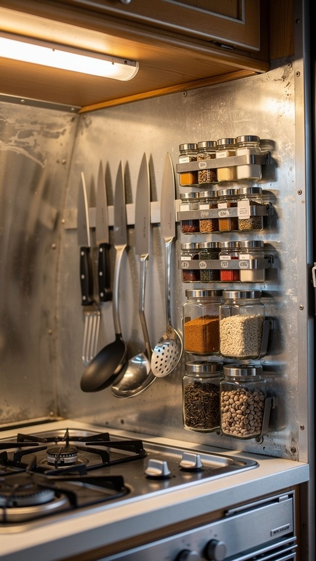 Vintage camper kitchen with magnetic knife strip and spice rack