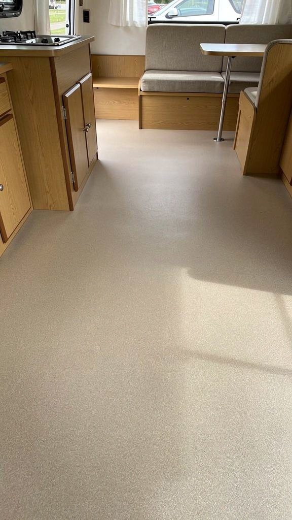 Marine-grade vinyl sheet flooring in vintage camper