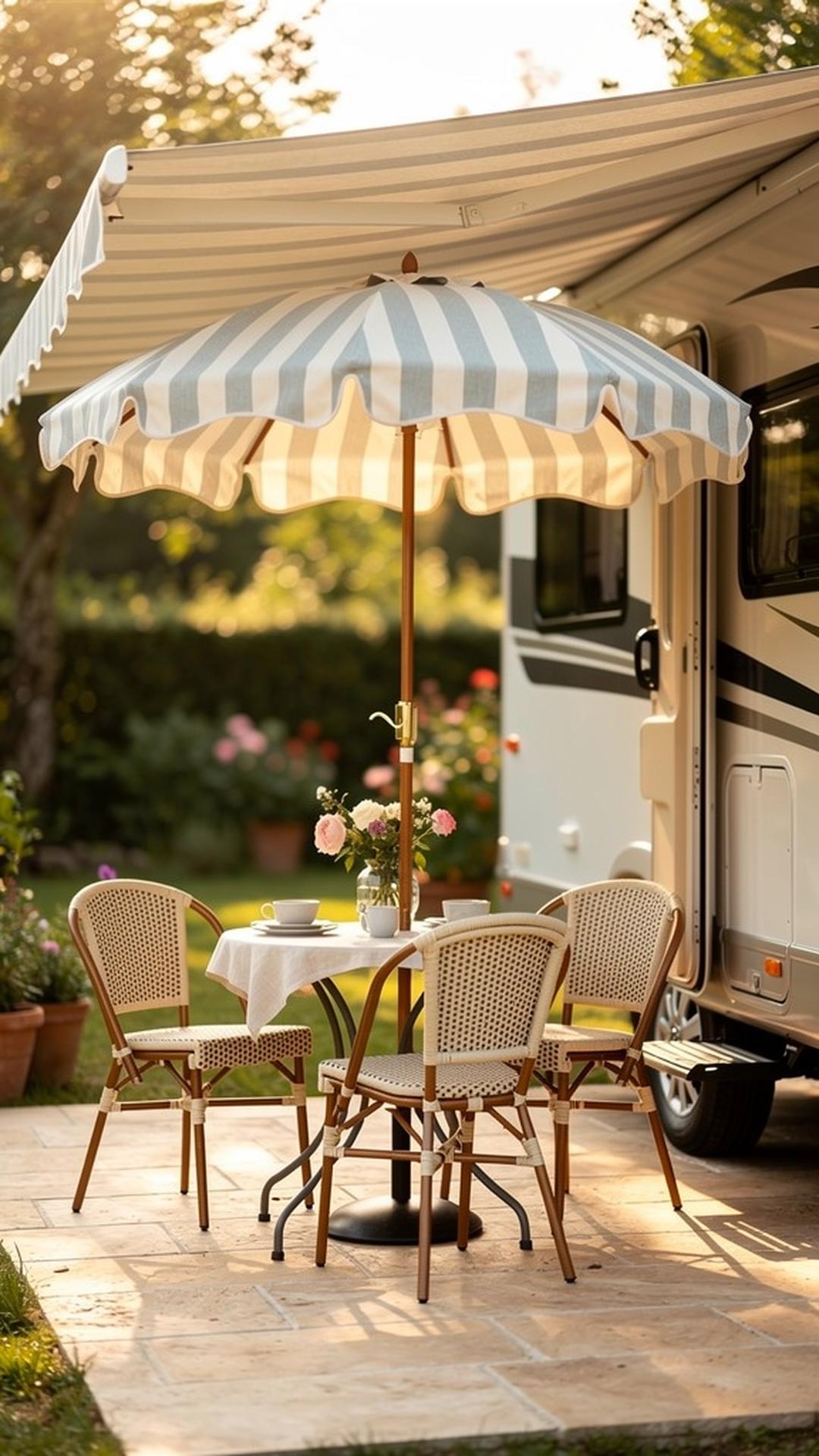Elegant striped market umbrella over RV patio