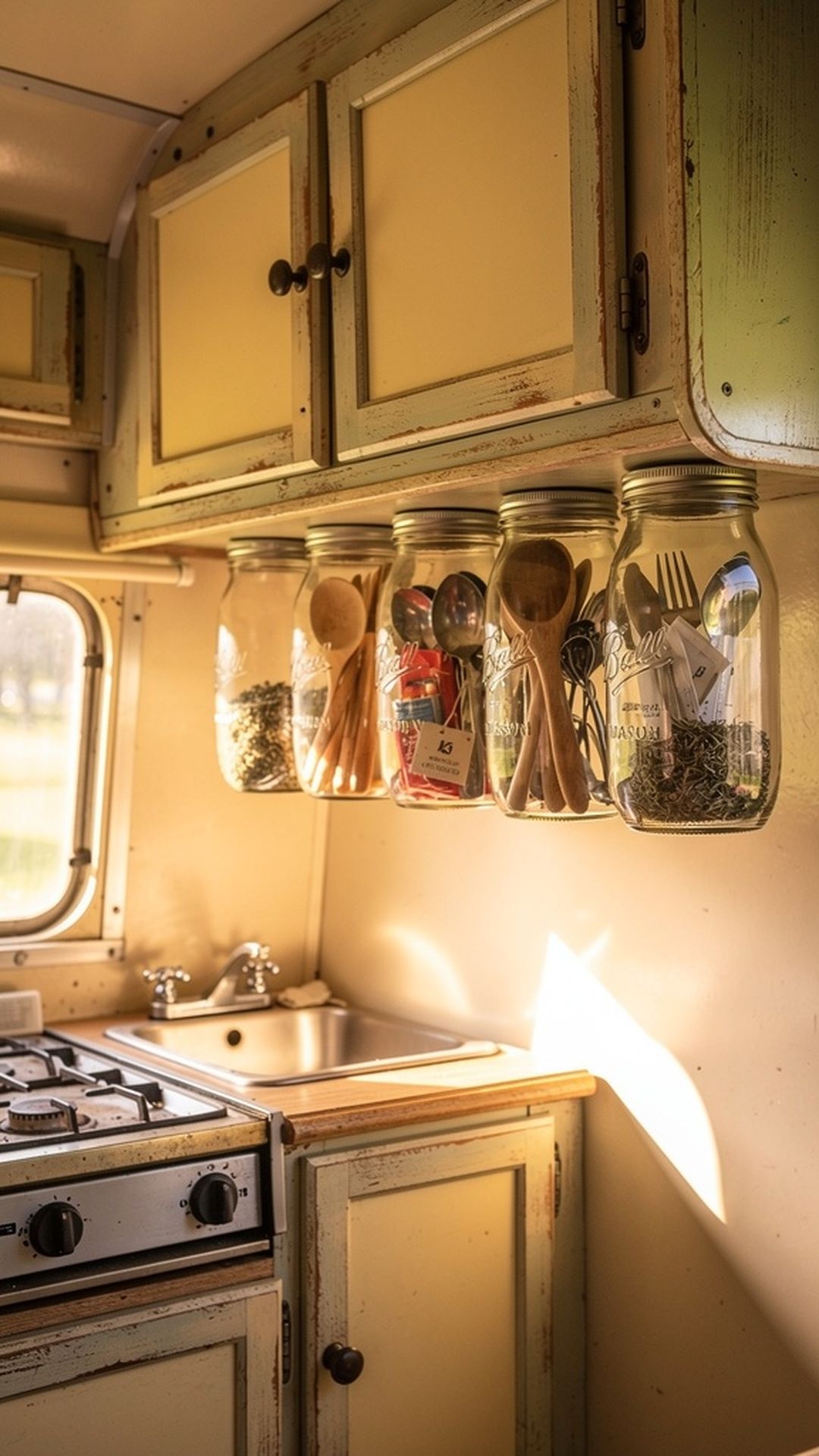 Mason jar storage system in vintage camper