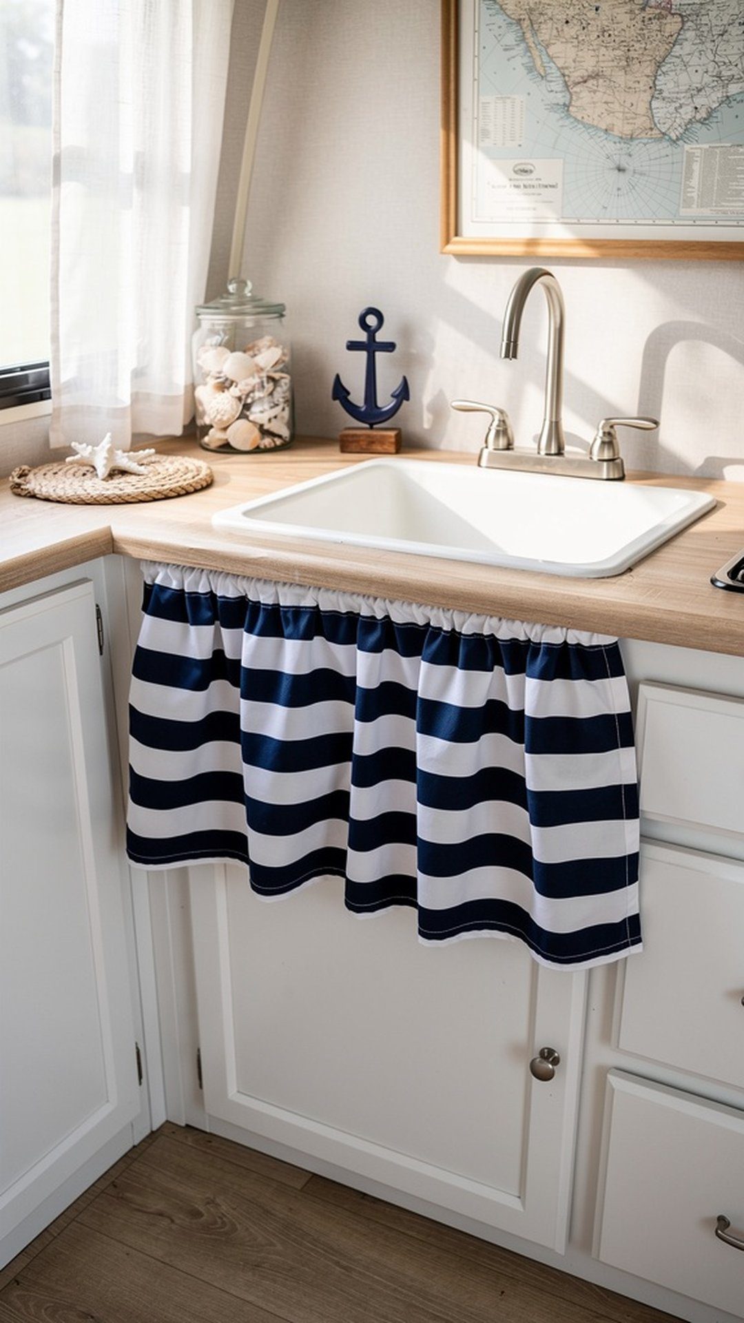 Navy and white striped sink skirt in coastal camper