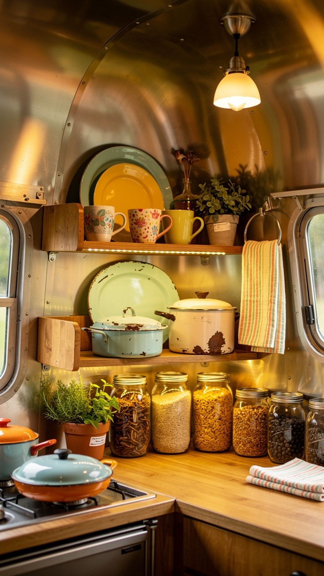 Vintage camper kitchen with open shelving and colorful dishes