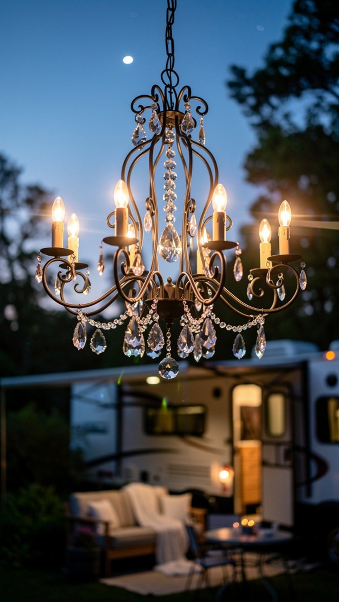 Wrought iron chandelier hanging above RV patio