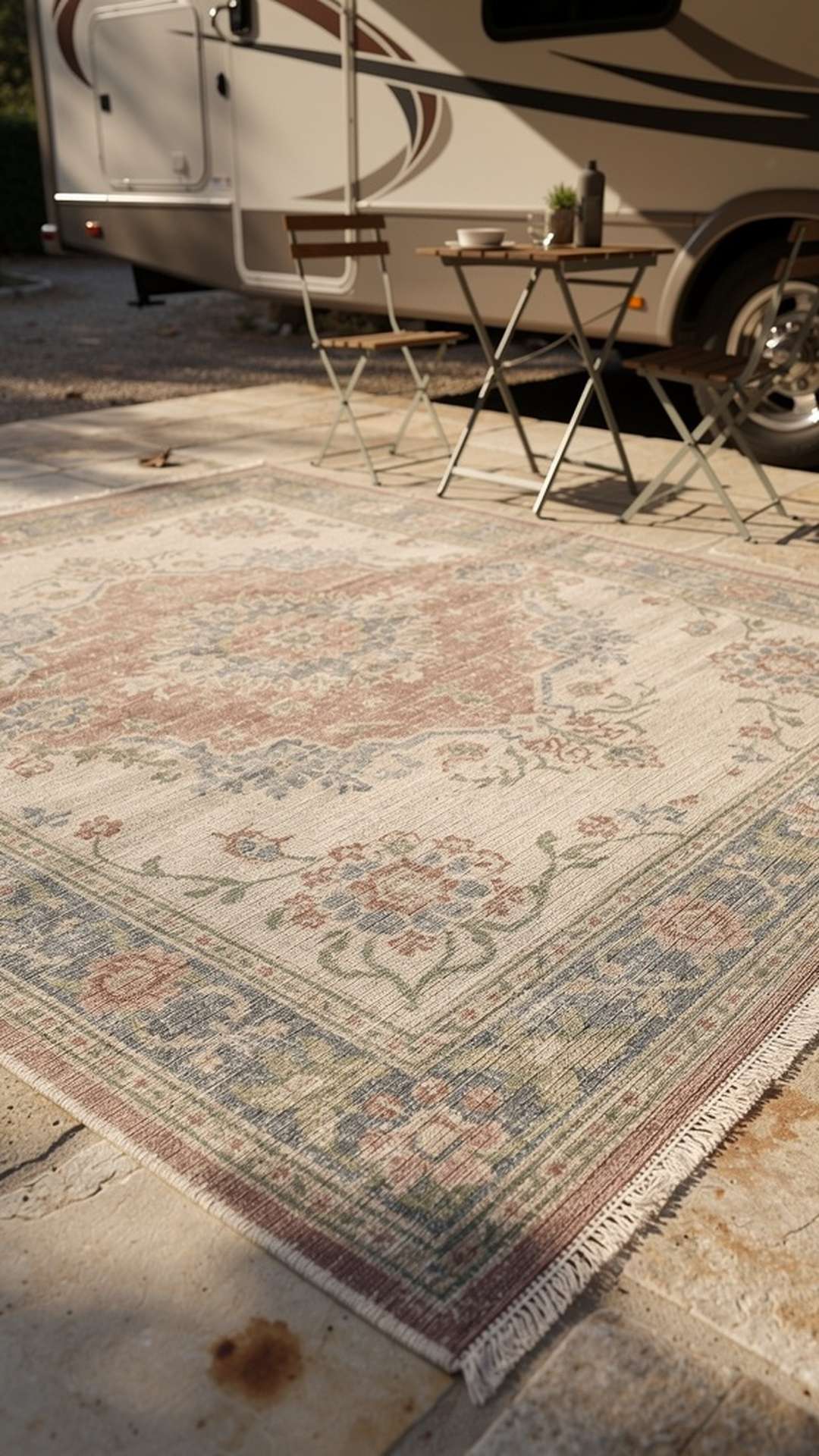 Vintage floral outdoor rug under RV awning