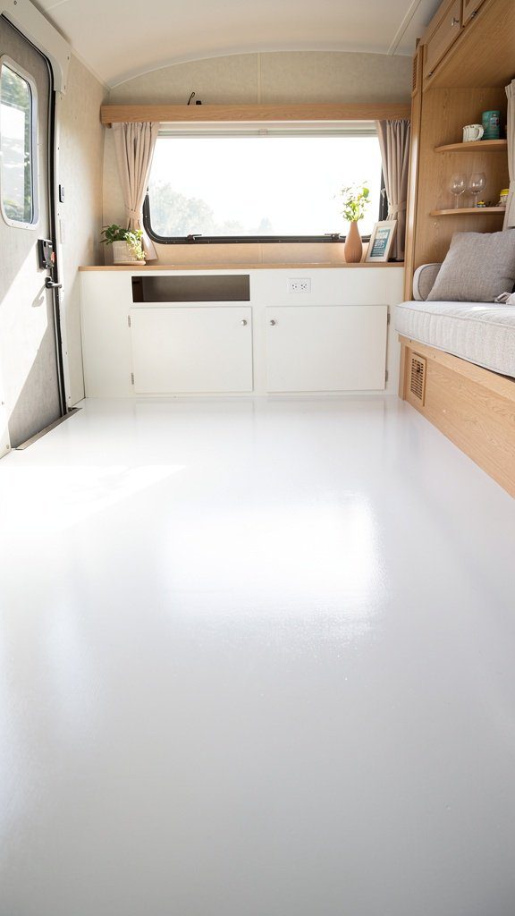 Painted plywood flooring in vintage camper