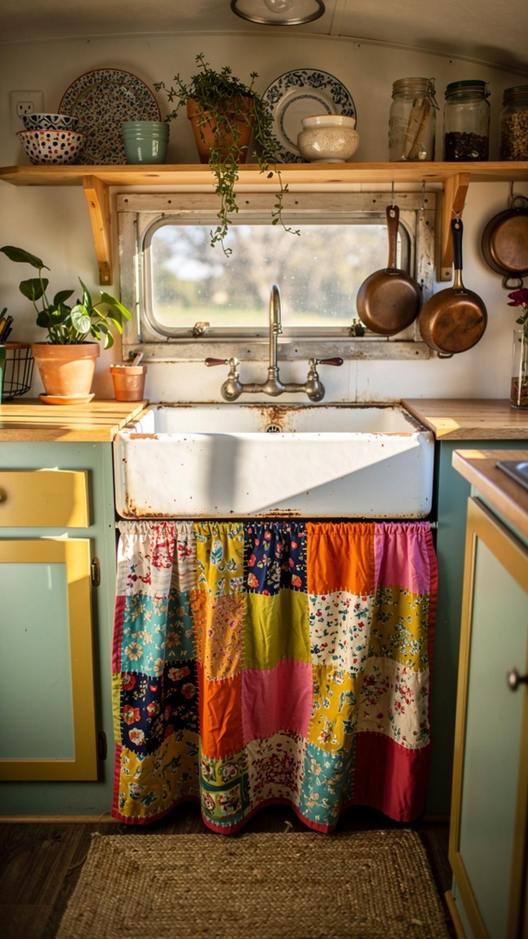 Patchwork quilted sink skirt in bohemian camper