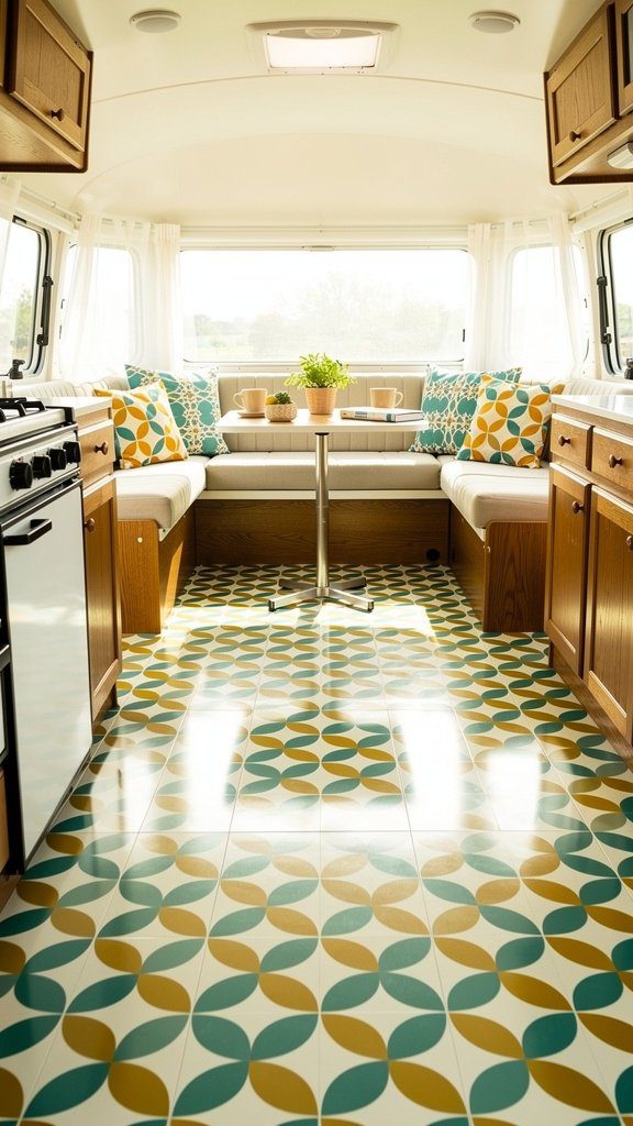 Peel and stick vinyl tile flooring in vintage camper