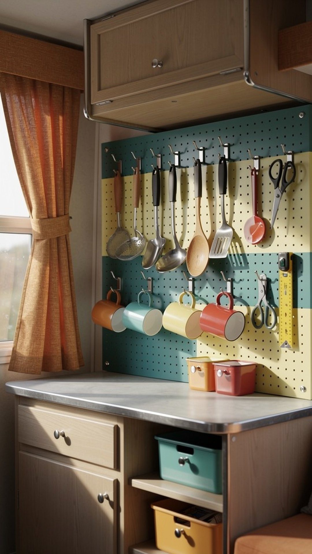 Pegboard wall organizer in vintage camper