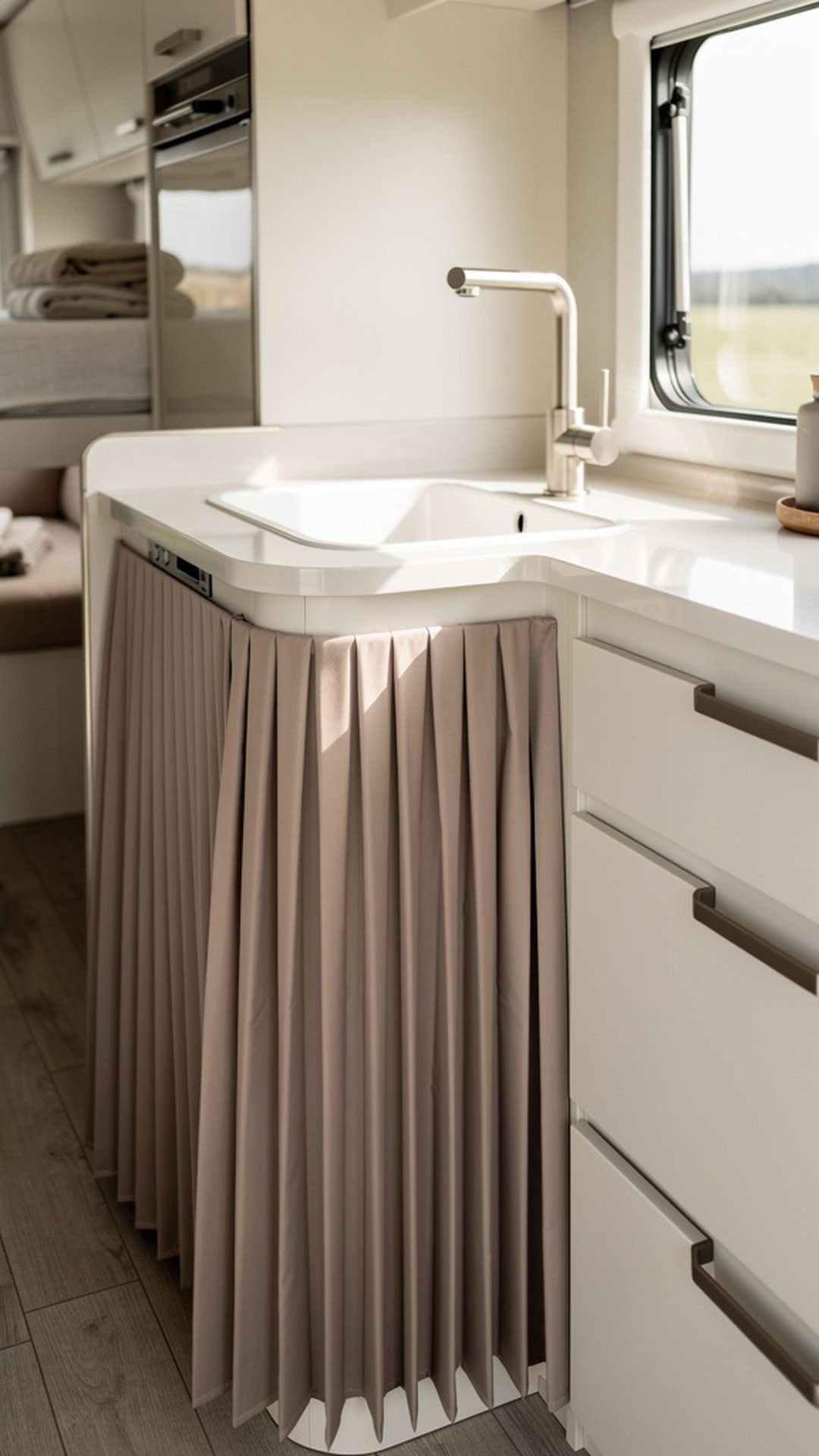 Pleated taupe sink skirt in elegant camper