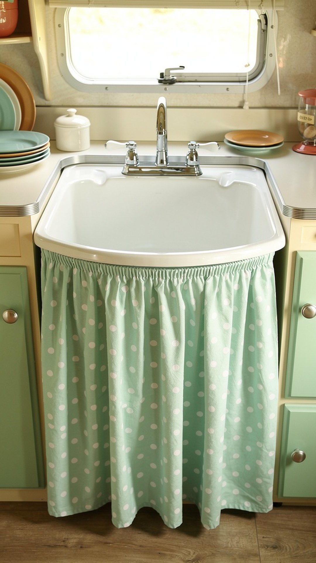 Mint green polka dot sink skirt in retro camper