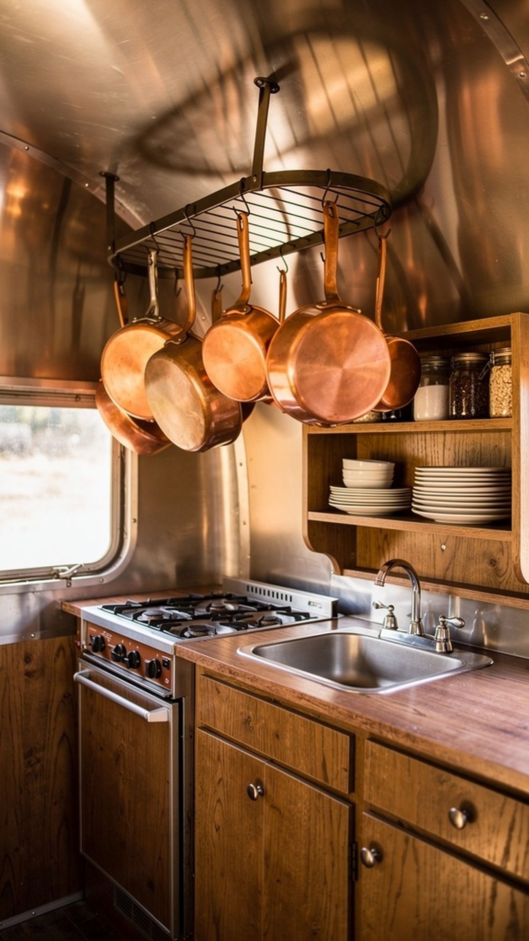 Vintage camper kitchen with hanging copper pots on ceiling rack