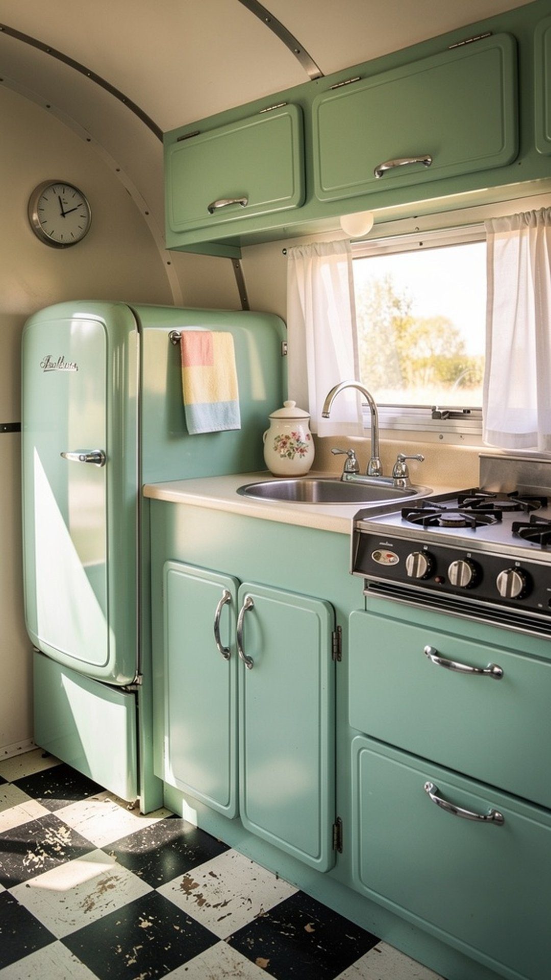 Vintage camper kitchen with mint green cabinets
