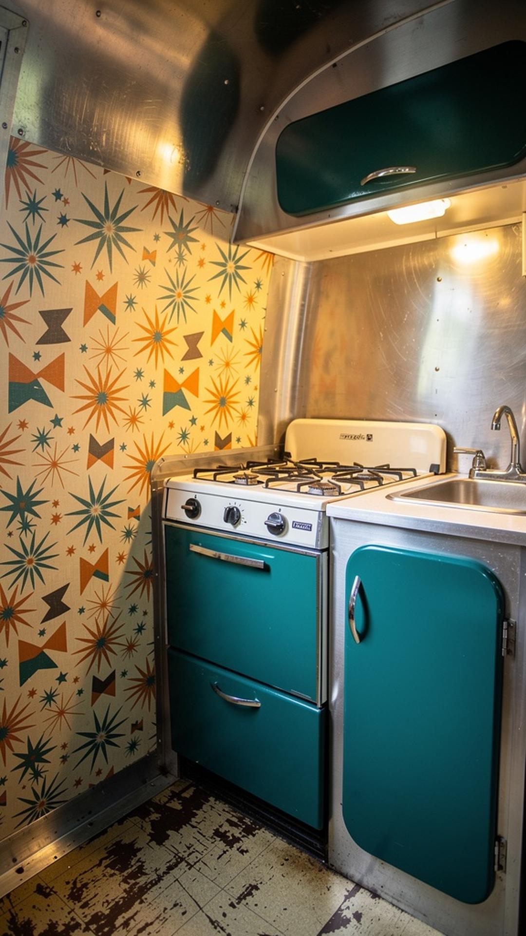 Vintage camper kitchen with atomic age peel-and-stick wallpaper