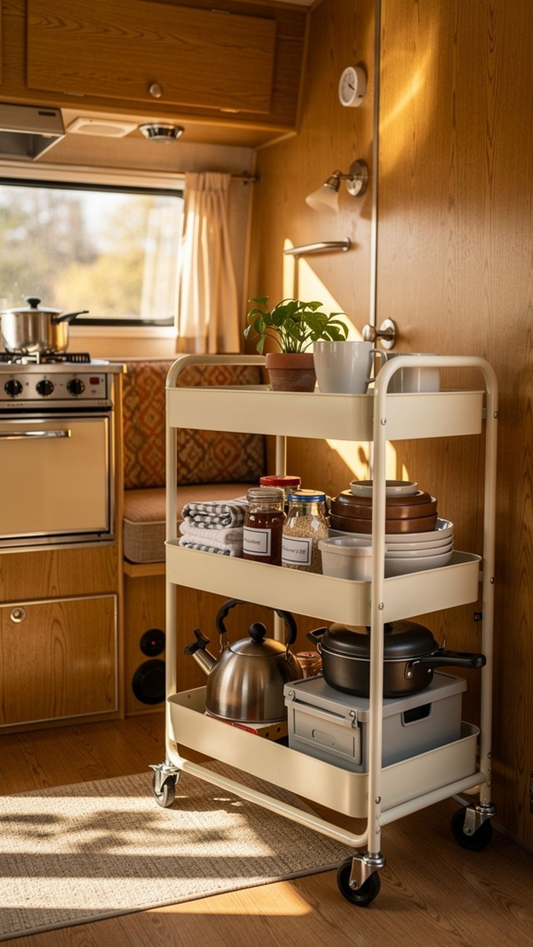 Rolling storage cart in vintage camper interior