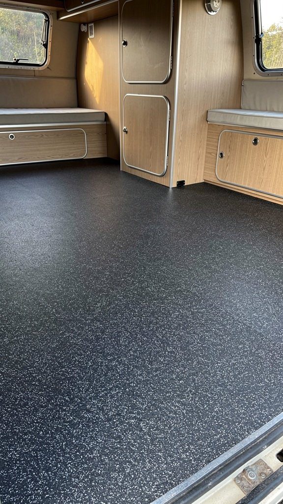 Rubber gym flooring in vintage camper