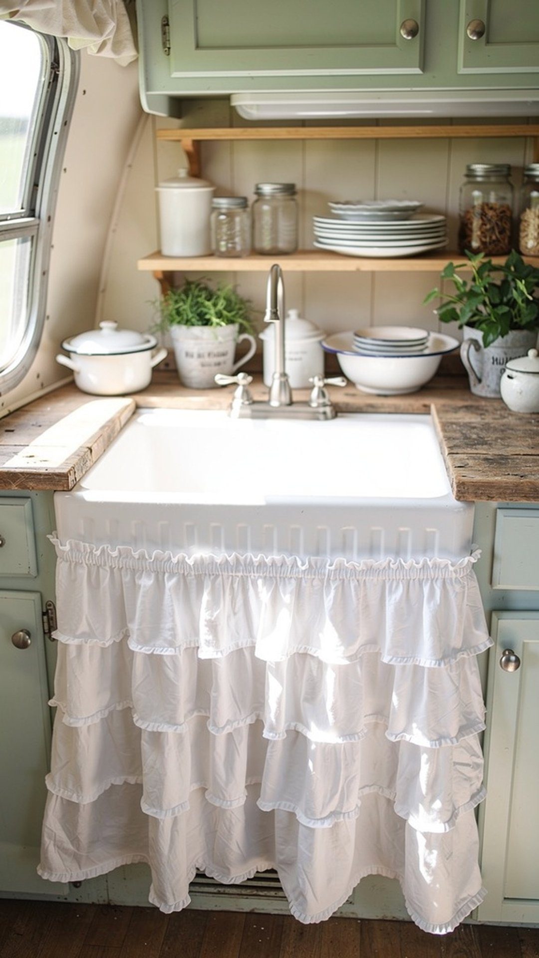 White ruffled sink skirt in vintage camper