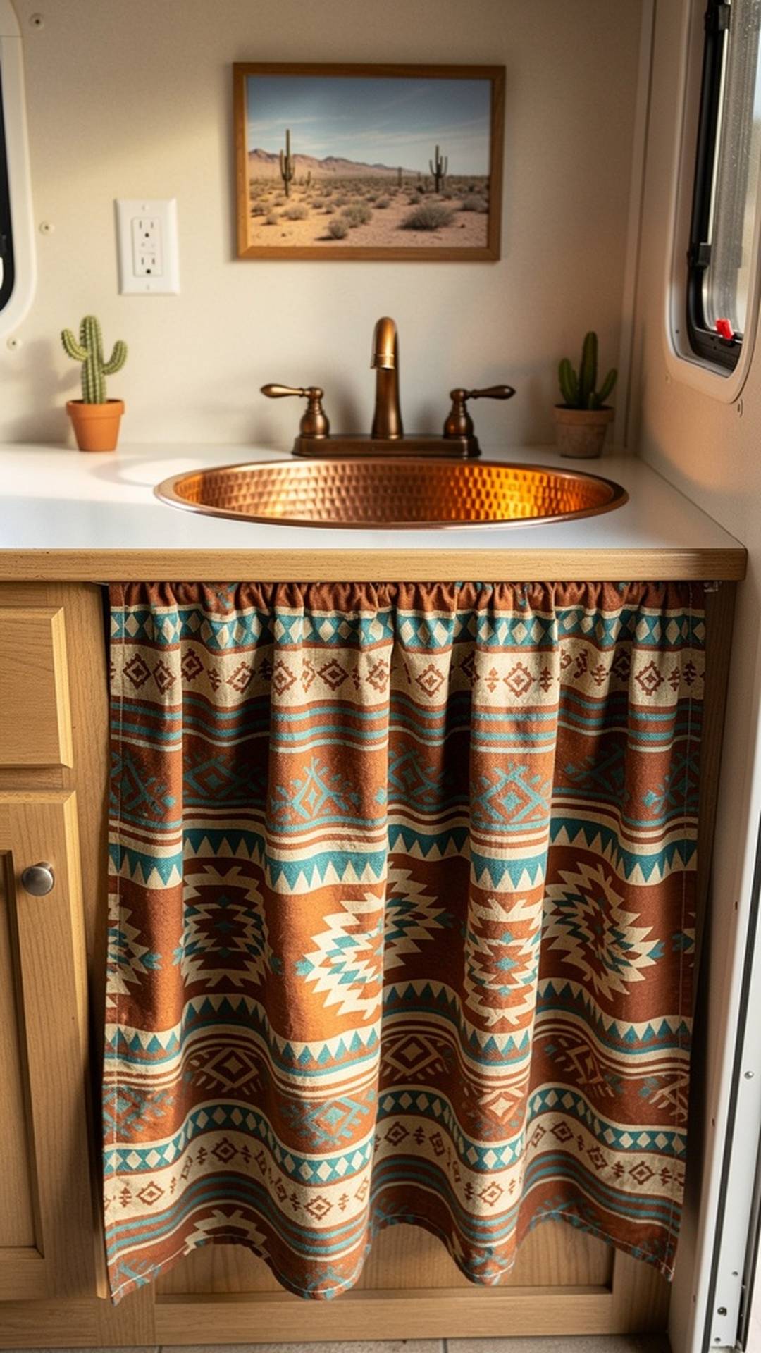 Southwestern pattern sink skirt in desert-themed camper