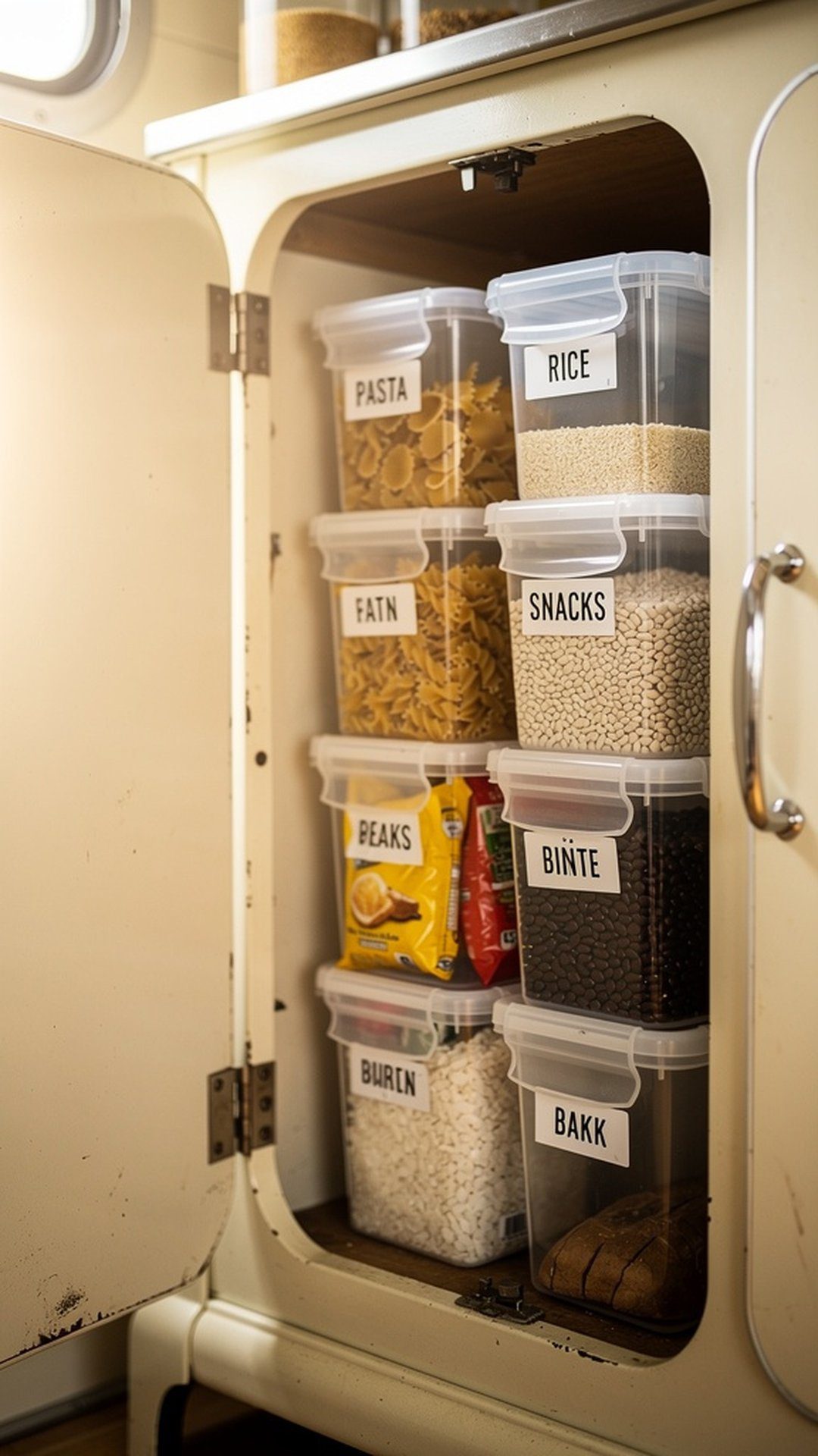 Stackable clear storage containers in vintage camper cabinet