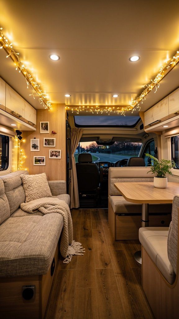 String lights illuminating RV interior