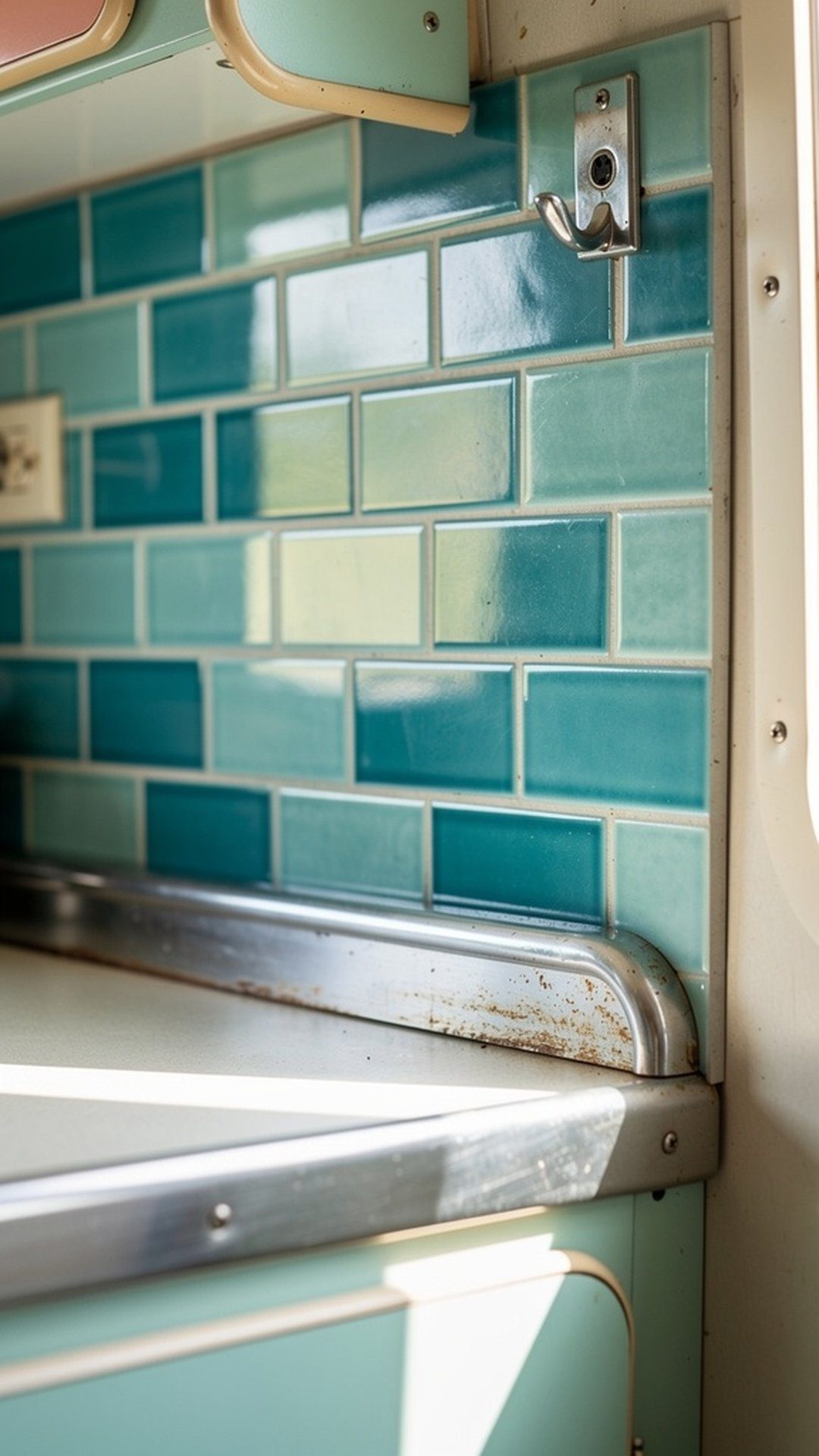 Vintage camper kitchen with turquoise subway tile backsplash