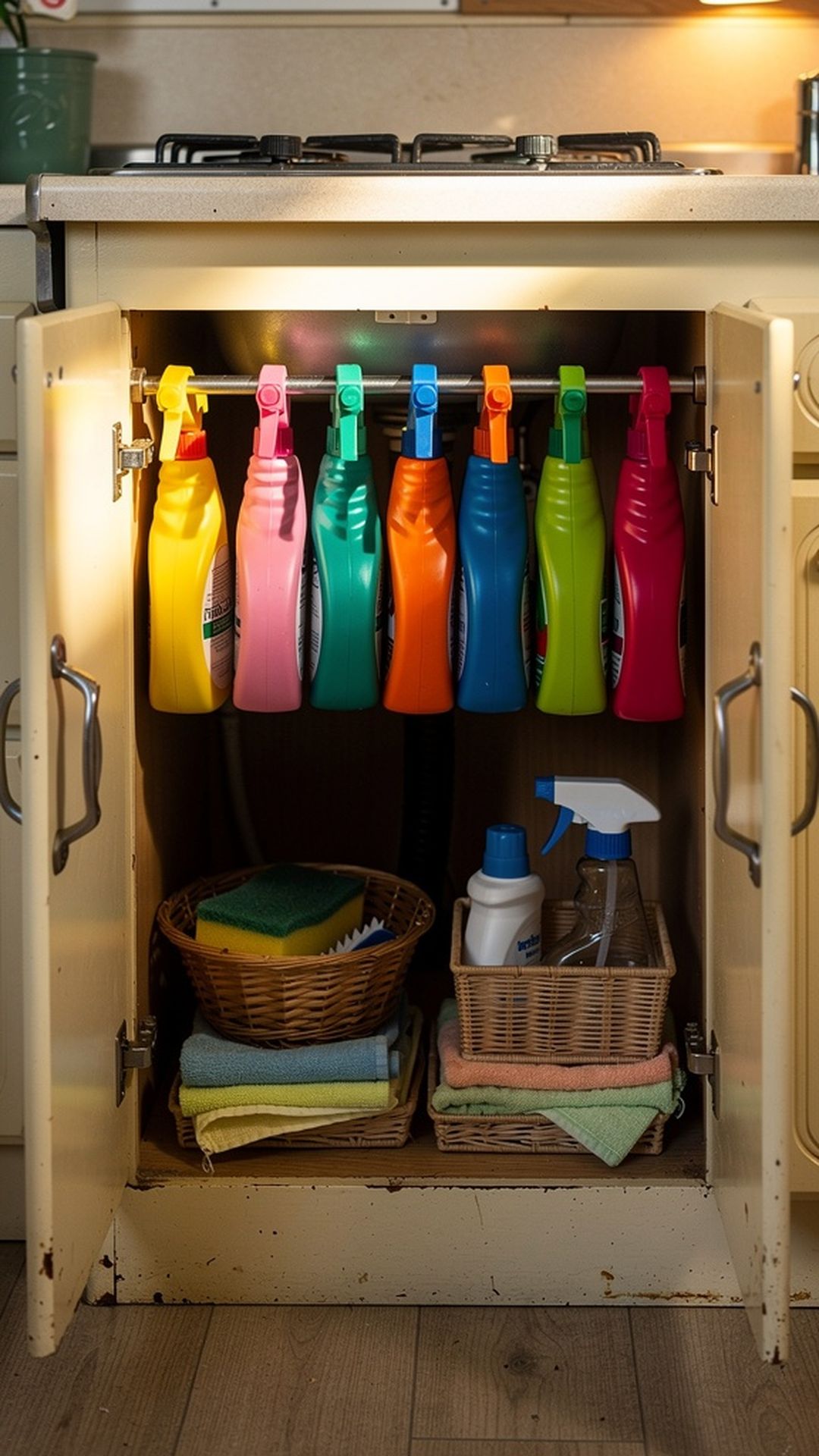 Tension rod storage under camper sink
