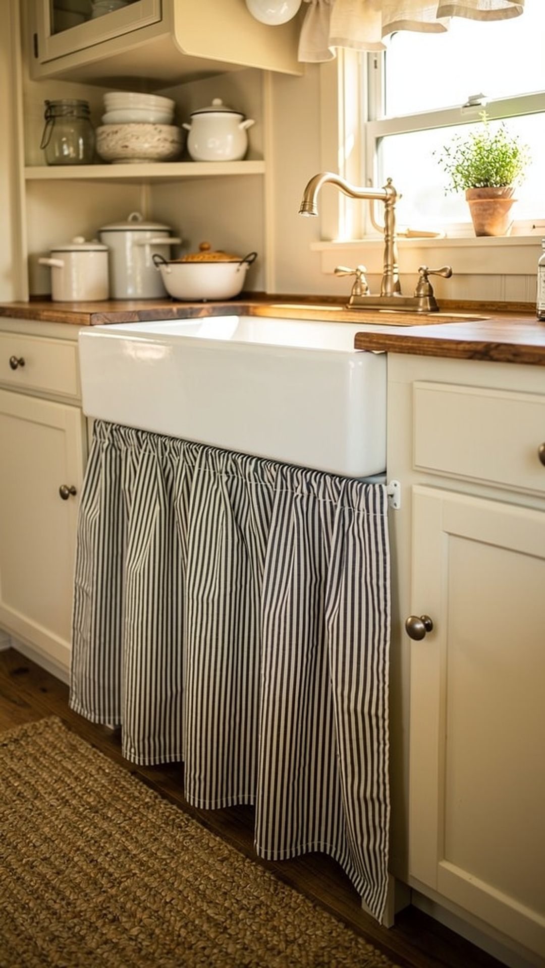 Black and white ticking stripe sink skirt in farmhouse camper