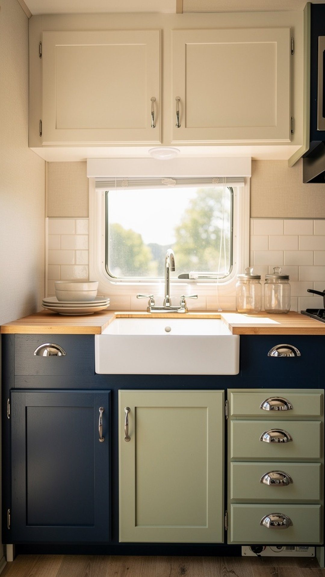 Vintage camper kitchen with cream and sage green two-tone cabinets