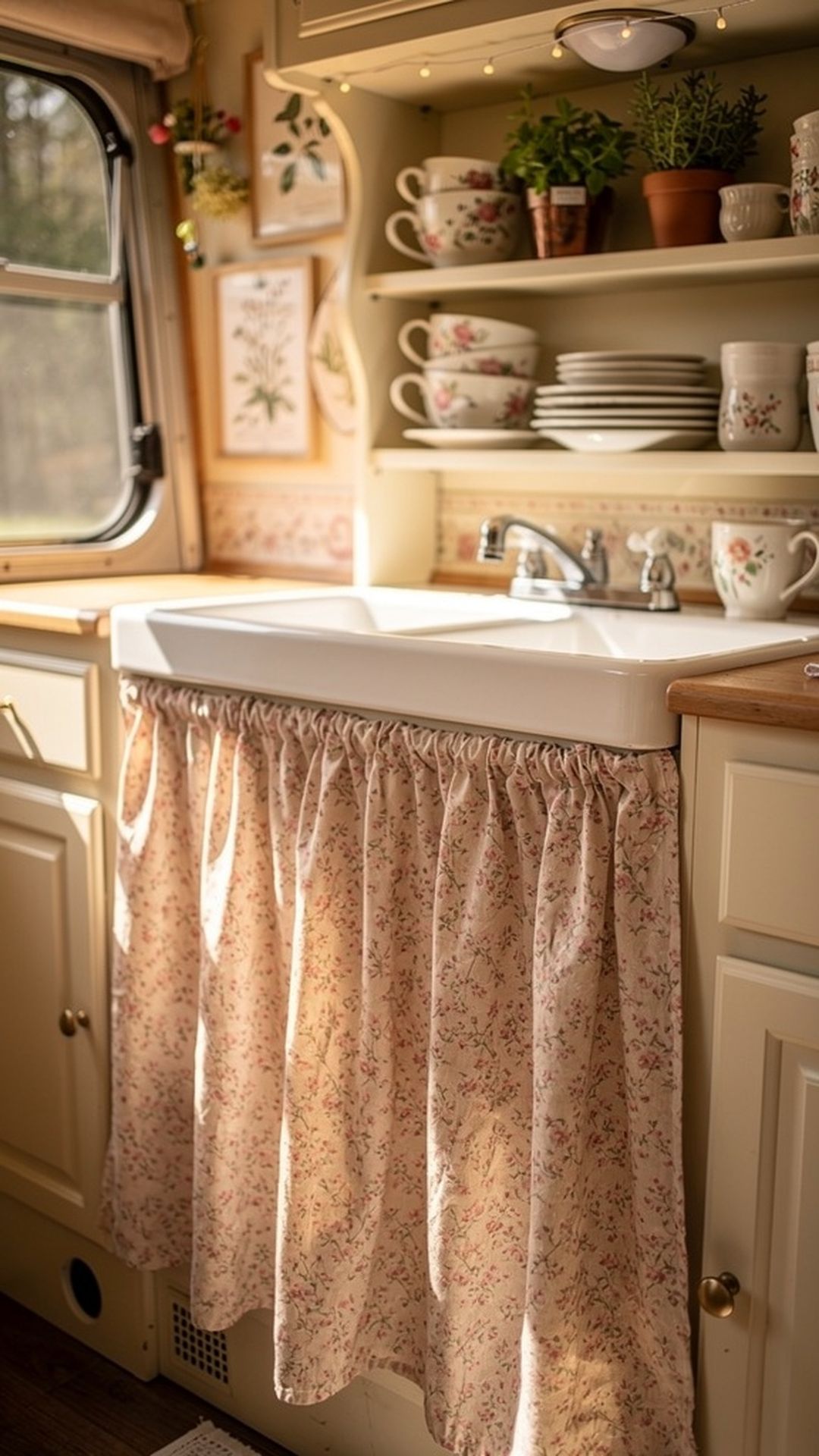 Vintage floral sink skirt in camper kitchen
