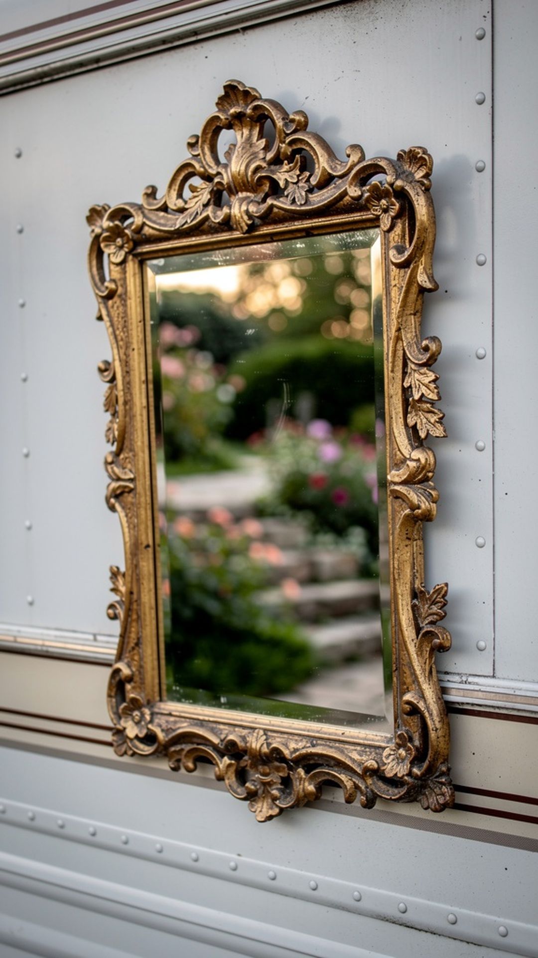 Ornate gilded mirror mounted on RV exterior wall