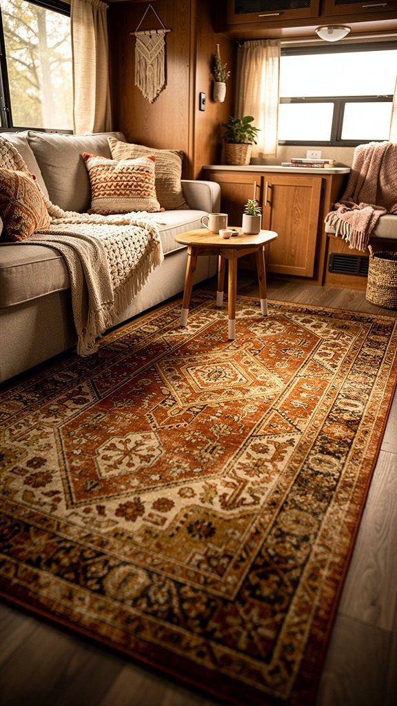 Vintage area rug in RV living space